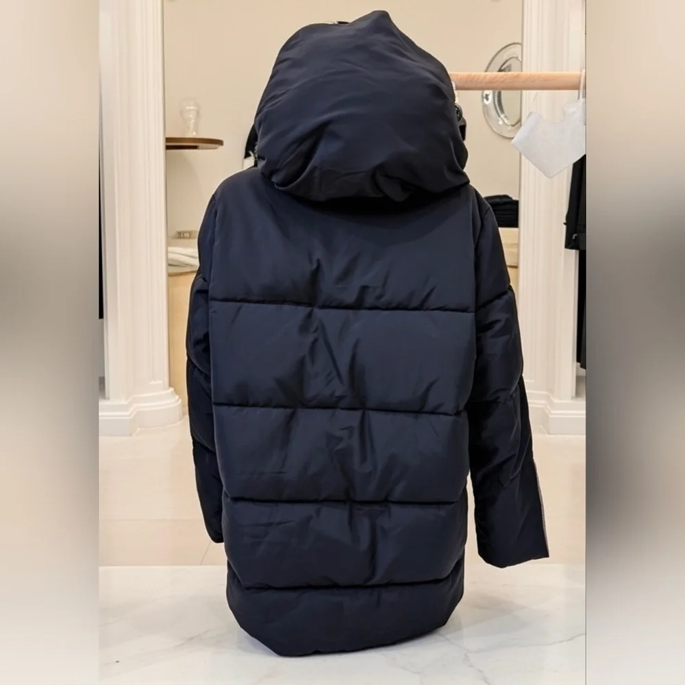 ZARA Down Navy Blue Funnel Neck Water Repellant Hooded Puffer Anorak Coat